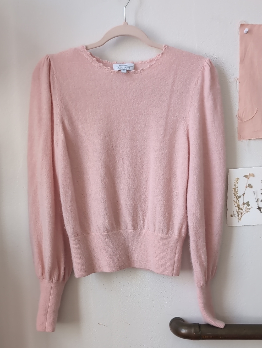 & Other Stories Puff Shoulder Pink Wool Sweater, XS